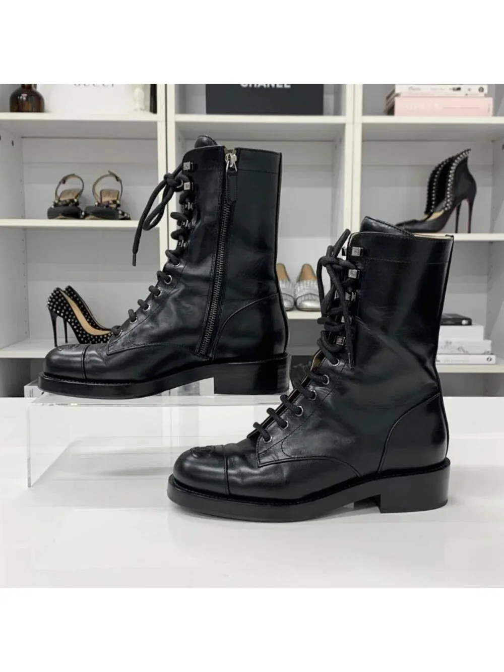 Chanel CC Logo Leather Lace-up Short Boots Black